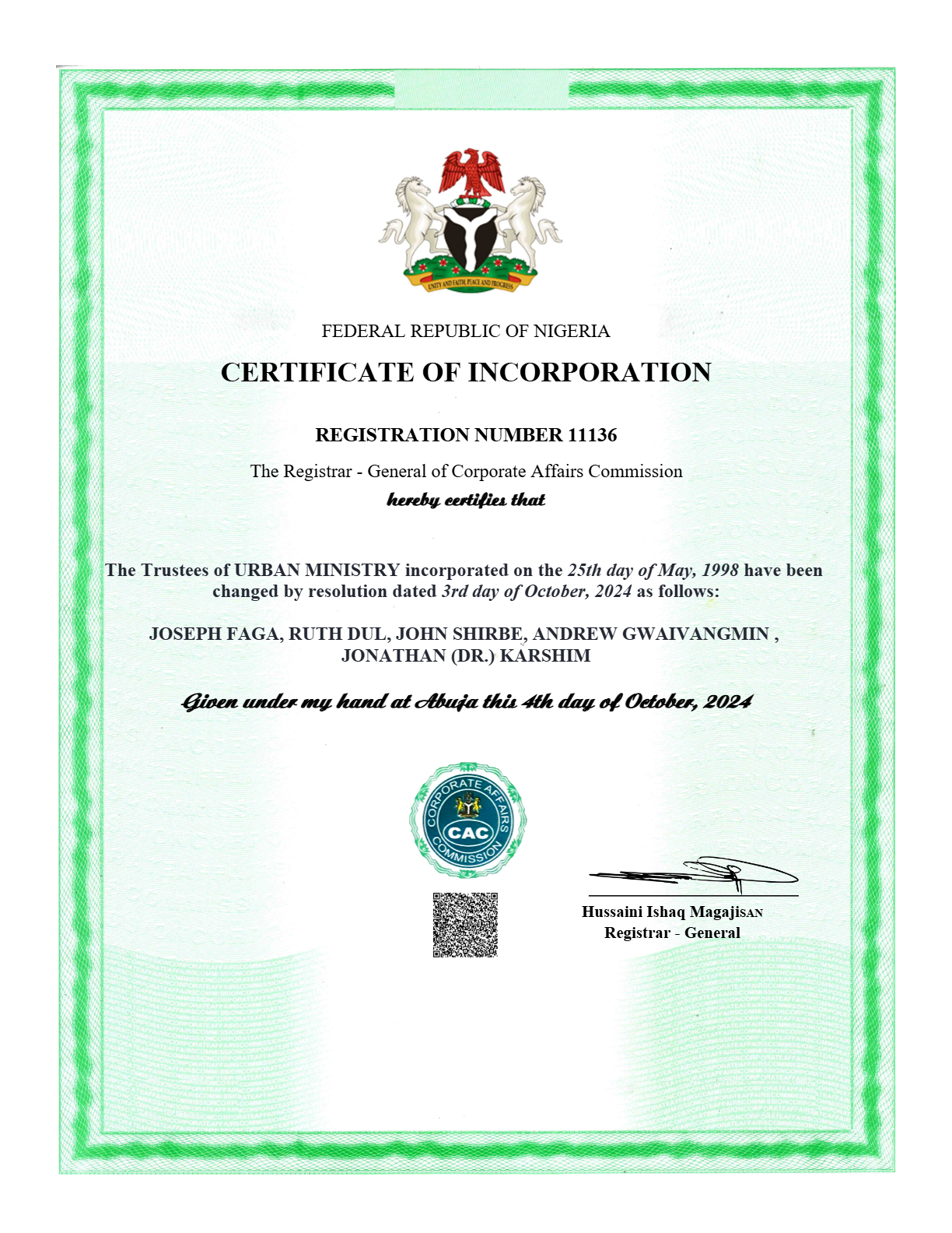 Urban Ministry Registration Certificate